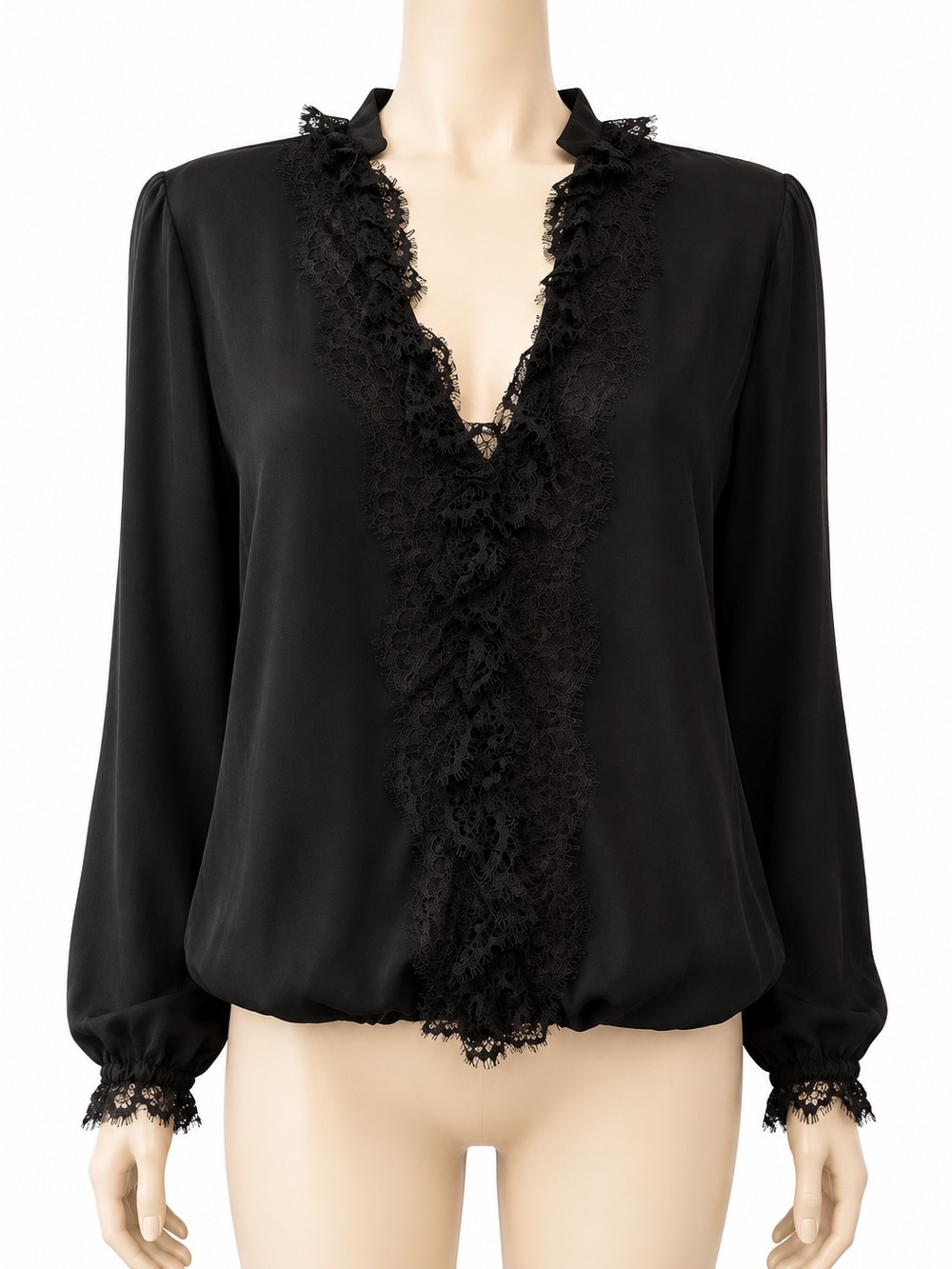 Haute Hippie 100% Silk Black Lace-Trim Long Sleeve V-Neck Top